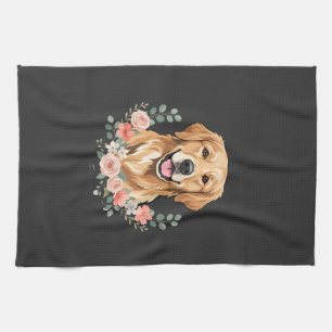 Bloemige Gouden Retriever Hond Portret Sublimatie Theedoek