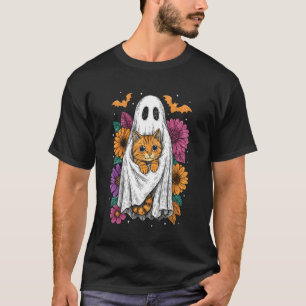 Bloemige griezelige geest die zwarte kat vasthoudt t-shirt