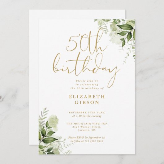 Bloemige groene 50e verjaardagsfeestje kaart (Voorkant / Achterkant)