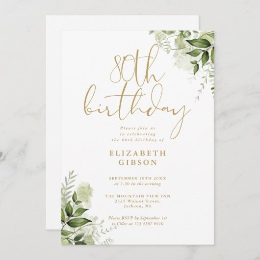 Bloemige groene 80ste verjaardagsfeestje kaart (Voorkant / Achterkant)