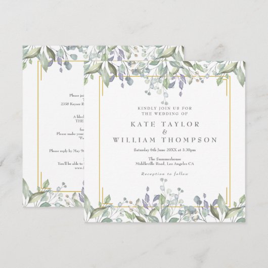 Bloemige groene alles-in-één vierkante trouwkaart kaart (Voorkant / Achterkant)