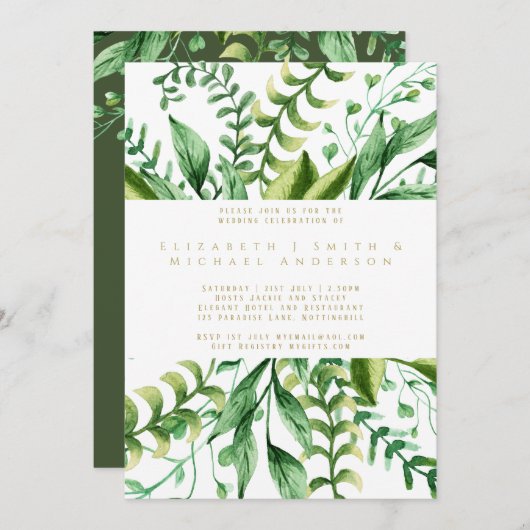 Bloemige groene bladeren moderne trouw uitnodiging (Voorkant / Achterkant)