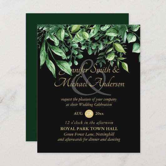 Bloemige groene bladrijke trouwuitnodiging budget (Voorkant / Achterkant)