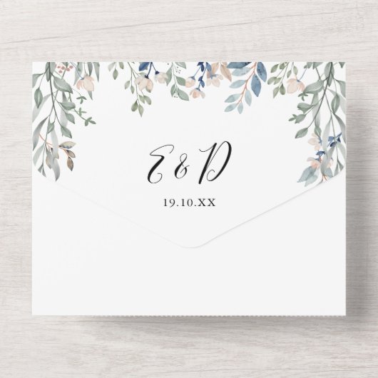 Bloemige Groene Elegante Script QR Code Trouwdag All In One Uitnodiging (Achterkant)