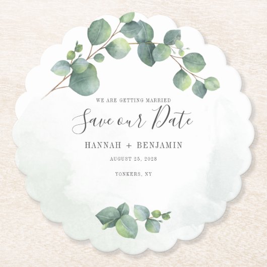 Bloemige Groene Eucalyptus Creatieve Save The Date Kartonnen Onderzetters (Voorkant)