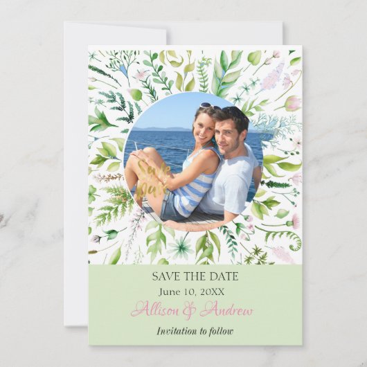 Bloemige Groene Foto Save the Date (Voorkant)