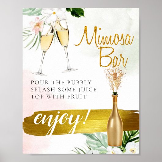 Bloemige groene gouden bruidsbrunch Mimosa Bar bor Poster (Voorkant)