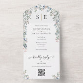 Bloemige Groene Monogram QR Code Trouwdag All In One Uitnodiging (Binnen)