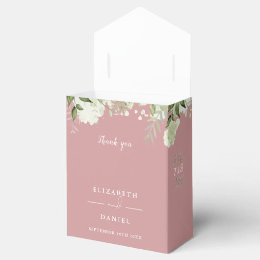 Bloemige Groene Monogram Stof Roze Huwelijk Bedankdoosjes (Geopend)