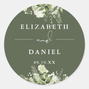 Bloemige groene olijfgroene huwelijksgunst ronde sticker