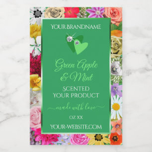 Bloemige groene productlabels met harten diamanten voedselcontainer etiket