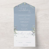 Bloemige Groene Script Harten Stof Blauw Bruiloft All In One Uitnodiging (Binnen)