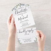 Bloemige groene script monogram bruiloft all in one uitnodiging (Afscheurbaar)