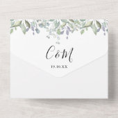 Bloemige groene script monogram bruiloft all in one uitnodiging (Achterkant)