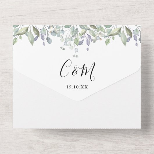 Bloemige groene script monogram bruiloft all in one uitnodiging (Achterkant)