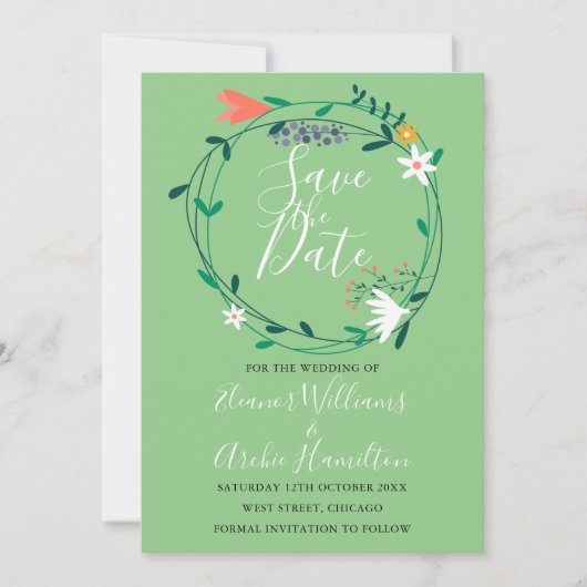 Bloemige groene slinger Trouwkaart 'Save the Date' Save The Date (Voorkant)