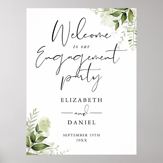 Bloemige groene verlovingsfeest welkomstbord poster (Voorkant)