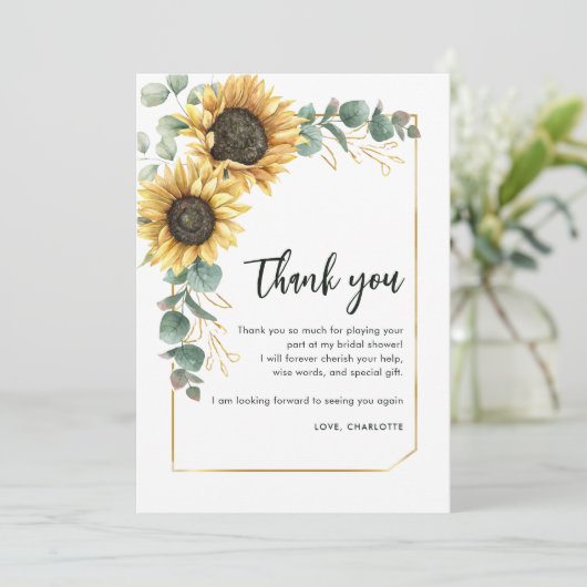 Bloemige Groene Zonnebloem Script Bruidsdouche Bedankkaart (Staand voorkant)