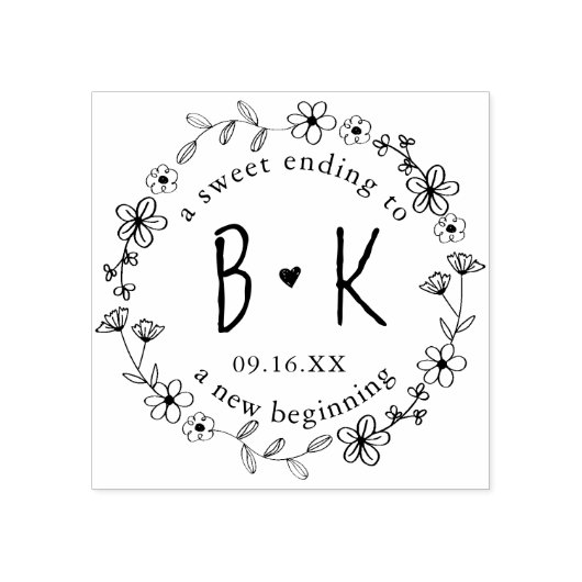 Bloemige handgetekende krans monogram datum bruilo rubberstempel (Afrduk)
