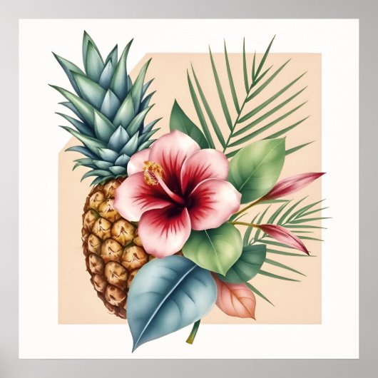 Bloemige Hawaii Ananas & Hibiscus Zomer Naam Poster (Voorkant)