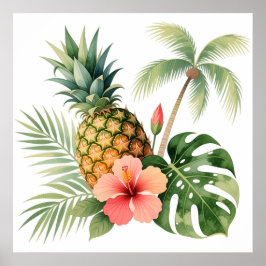 Bloemige Hawaii Ananas & Hibiscus Zomer Naam Poster