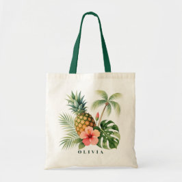 Bloemige Hawaii Ananas & Hibiscus Zomer Naam Tote Bag