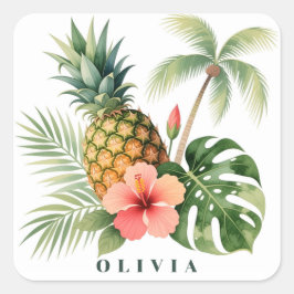 Bloemige Hawaii Ananas & Hibiscus Zomer Naam Vierkante Sticker