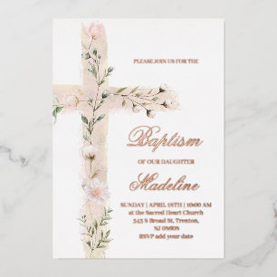 bloemige Heilige kruis Doop Folie Uitnodiging