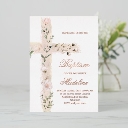 bloemige Heilige kruis Doop Folie Uitnodiging (Staand Voorkant)