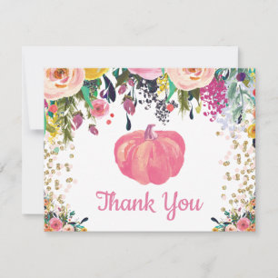 Bloemige Herfst Pompoen Roze Goud Glitter Confetti Bedankkaart