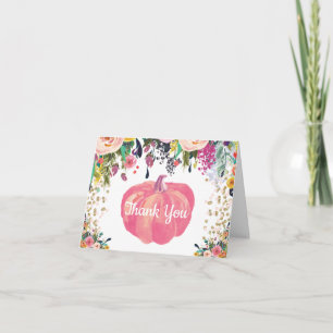 Bloemige Herfst Pompoen Roze Gouden Glitters Confe Bedankkaart