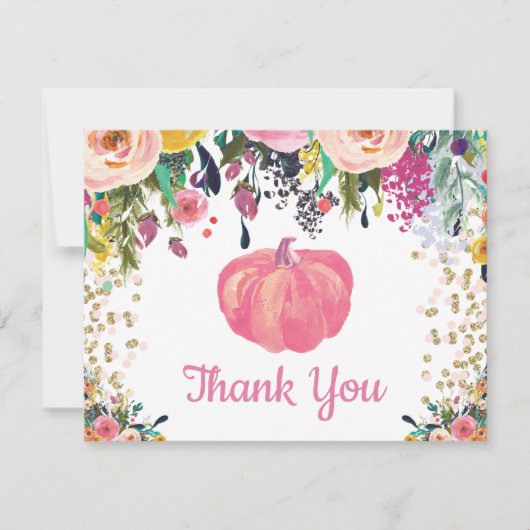 Bloemige herfstpompoen roze gouden glitterconfetti bedankkaart (Voorkant)