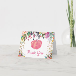Bloemige herfstpompoen roze gouden glitterconfetti bedankkaart