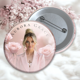Bloemige herinneringsherdenkingsbadge roze rozen ronde button 3,2 cm