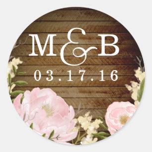 Bloemige houten monogram trouwsticker ronde sticker