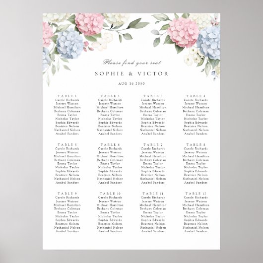 Bloemige Hydrangea 12 Tafel Trouw Stoelen Chart Poster (Voorkant)