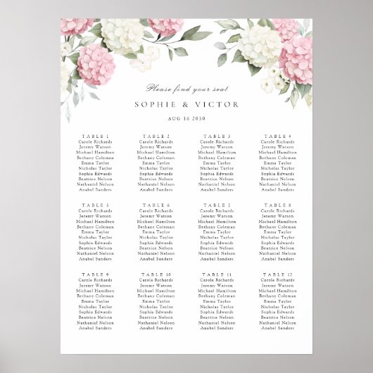 Bloemige Hydrangea 12 Tafel Trouw Stoelen Chart Poster (Voorkant)