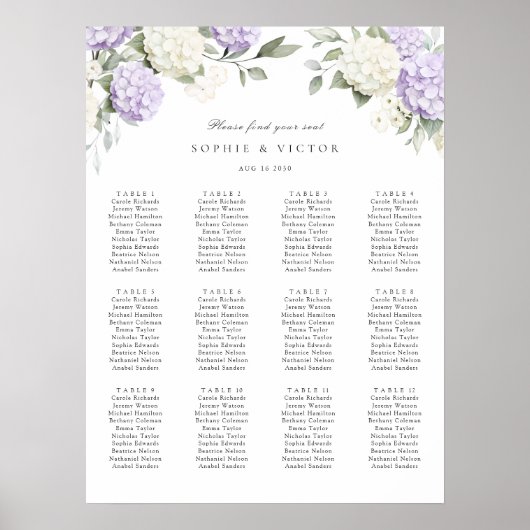 Bloemige Hydrangea 12 Tafel Trouw Stoelen Chart Poster (Voorkant)