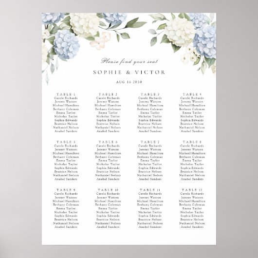 Bloemige Hydrangea 12 Tafels Trouw Stoelen Chart Poster (Voorkant)