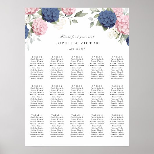Bloemige Hydrangea 15 Tafel Trouwstoelindeling Poster (Voorkant)