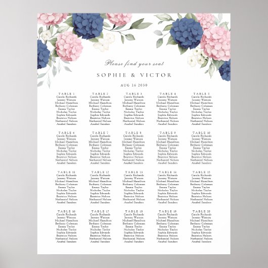Bloemige Hydrangea 20 Tafel Trouw Stoelen Chart Poster (Voorkant)