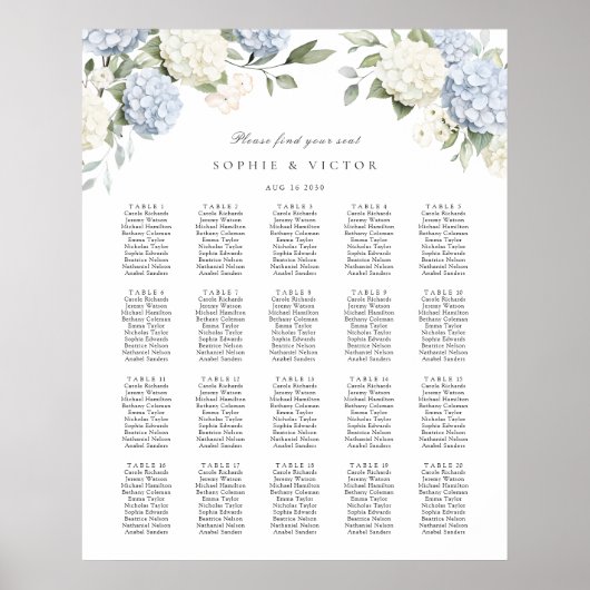 Bloemige Hydrangea 20 Tafel Trouw Stoelen Chart Poster (Voorkant)