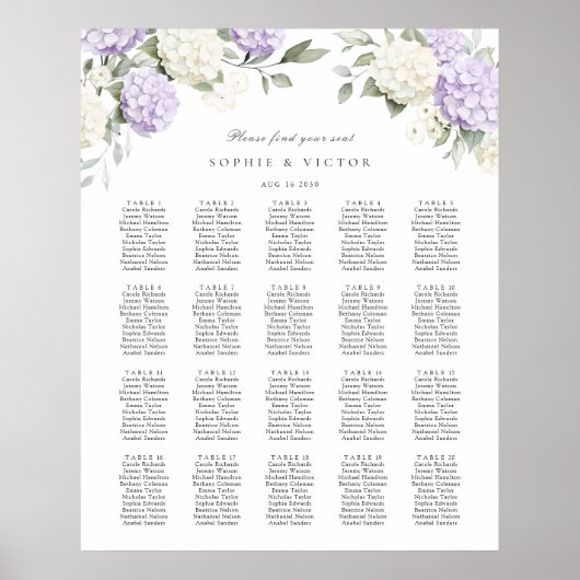 Bloemige Hydrangea 20 Tafel Trouw Stoelen Chart Poster (Voorkant)