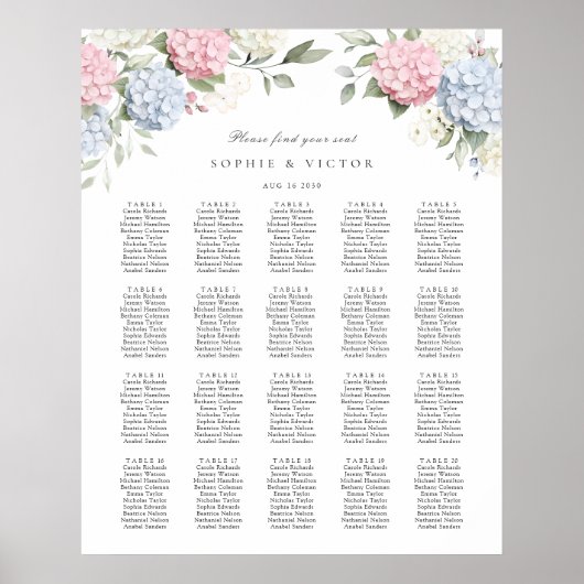 Bloemige Hydrangea 20 Tafel Trouw Stoelen Chart Poster (Voorkant)