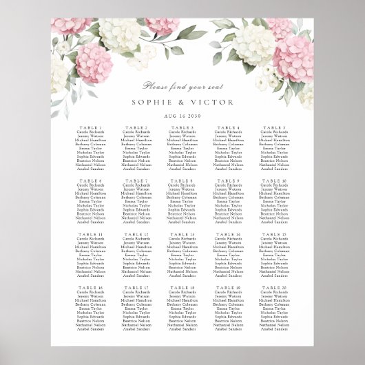 Bloemige Hydrangea 20 Tafel Trouw Stoelen Chart Poster (Voorkant)