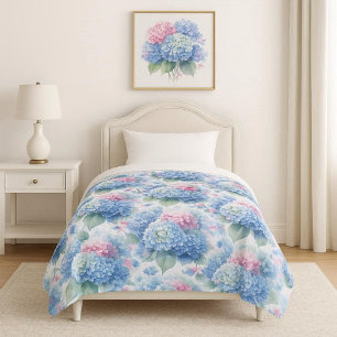 Bloemige Hydrangea fleece deken Blauw & Roze