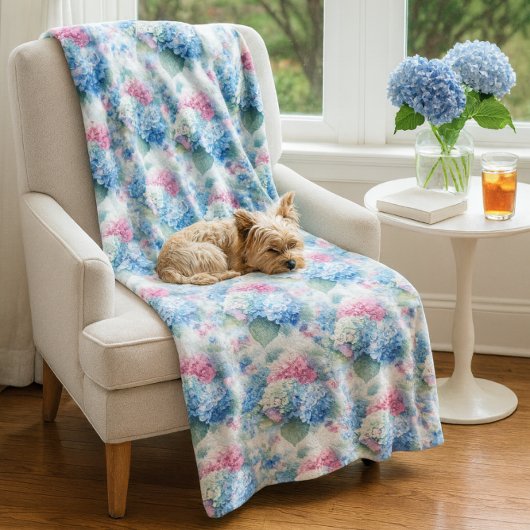 Bloemige Hydrangea fleece deken Blauw & Roze