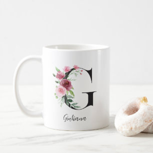 Bloemige Initiaal G Roze Rozen Bewerkbare Naam Koffiemok