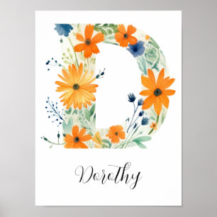 Bloemige initiële letter D-afdruk van wilde bloeme Poster