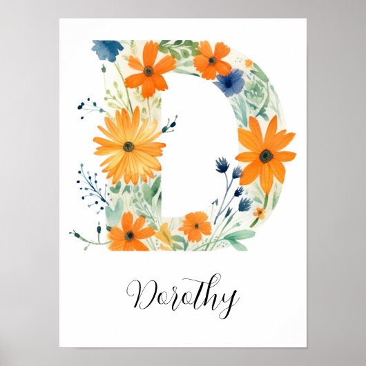 Bloemige initiële letter D-afdruk van wilde bloeme Poster (Voorkant)